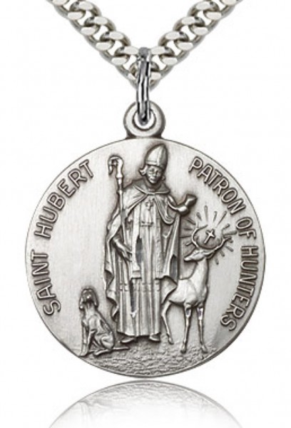 Men's Round Sterling Silver St. Hubert of Li&egrave;ge Medal - 24&quot; 2.4mm Rhodium Plate Chain + Clasp