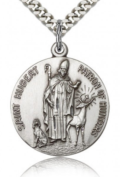 Men's Round Sterling Silver St. Hubert of Li&egrave;ge Medal - 24&rdquo; 1.7mm Sterling Silver Chain &amp; Clasp