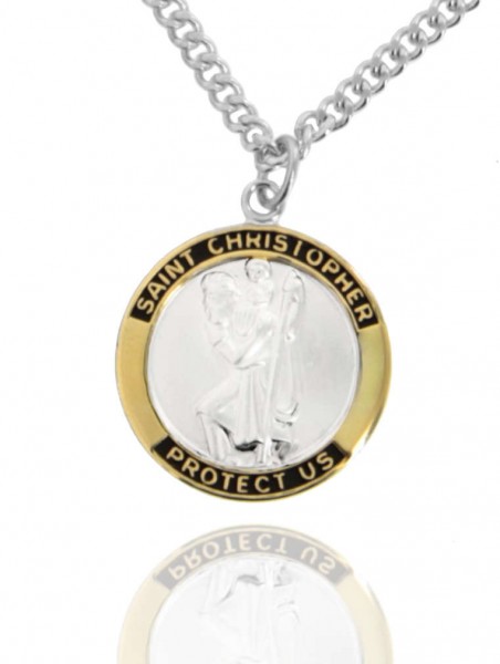 Men's Round Two-Tone Sterling Silver Saint Christopher Medal - 20&quot; Rhodium Plate Chain + Clasp