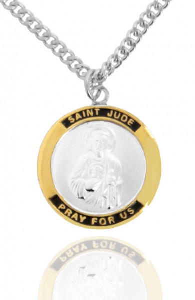 Men's Round Two-Tone Sterling Silver Saint Jude Medal - 20&quot; Rhodium Plate Chain + Clasp
