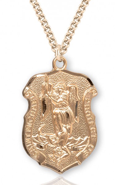 Men's Saint Michael Gold Plated Police Shield Necklace - 24&quot; 2.4mm Endless Gold Plated Chain