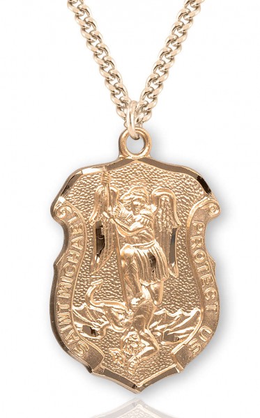 Men's Saint Michael Gold Plated Police Shield Necklace - 24&quot; 2.4mm Gold Plated Chain + Clasp