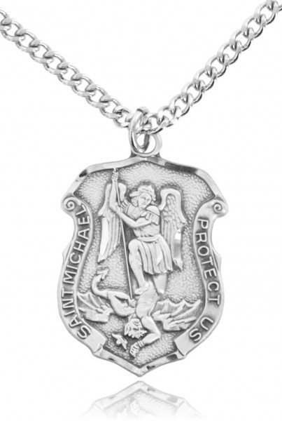 Men's Saint Michael Sterling Silver Police Shield Necklace with Chain Options - 27&quot; 3mm Stainless Steel Endless Chain