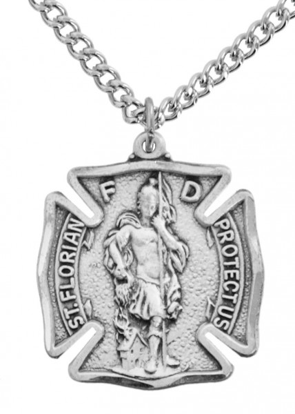 Men's Sized Sterling Silver Saint Florian Firefighter Medal - 24&quot; Stainless Steel Chain + Clasp