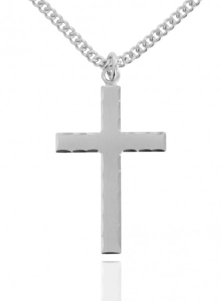 Men's Sterling Silver Etched Matte Cross with Lords Prayer - 20&quot; Rhodium Plate Chain + Clasp