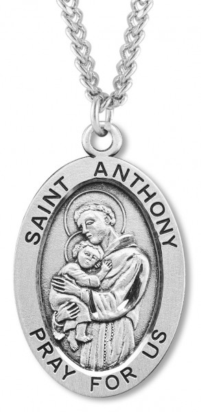 Men's Sterling Silver Oval Saint Anthony Necklace with Chain Options - 24&quot; 2.4mm Rhodium Plate Chain + Clasp