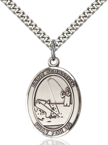 Men's Sterling Silver Oval St. Sebastian Fishing Medal - 24&quot; 2.4mm Rhodium Plate Chain + Clasp