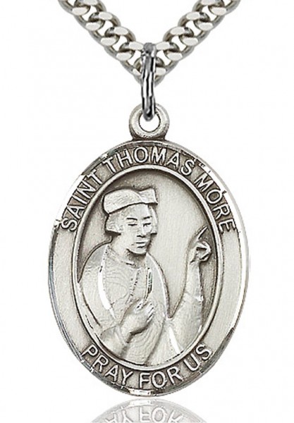 Men's Sterling Silver Oval St. Thomas More Medal - 24&quot; 2.2mm Sterling Silver Chain + Clasp