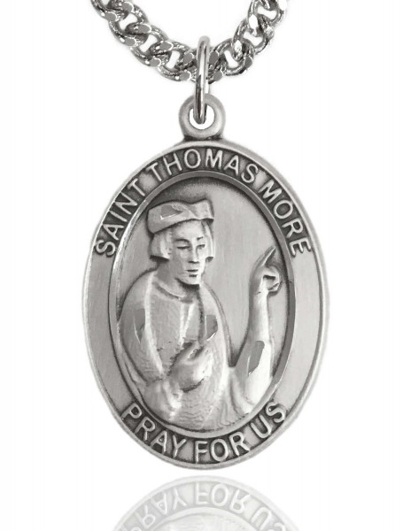 Men's Sterling Silver Oval St. Thomas More Medal - 24&quot; 2.4mm Rhodium Plate Chain + Clasp