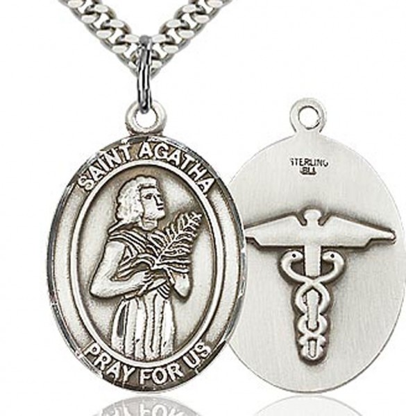 Men's Sterling Silver Saint Agatha Oval Medal with Caduceus - 24&quot; 2.2mm Sterling Silver Chain + Clasp