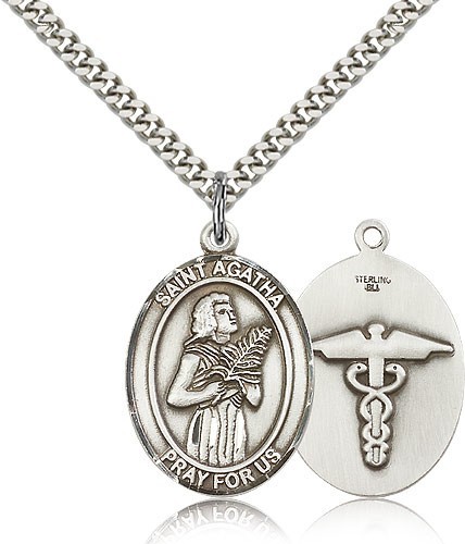 Men's Sterling Silver Saint Agatha Oval Medal with Caduceus - 24&quot; 2.4mm Rhodium Plate Chain + Clasp