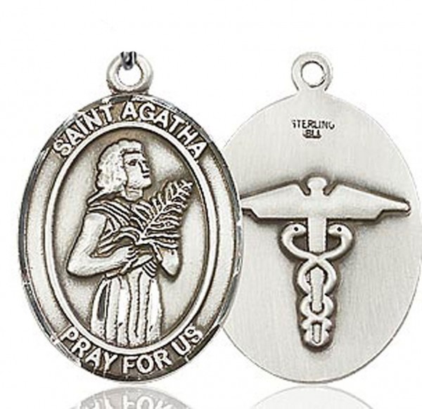Men's Sterling Silver Saint Agatha Oval Medal with Caduceus - No Chain