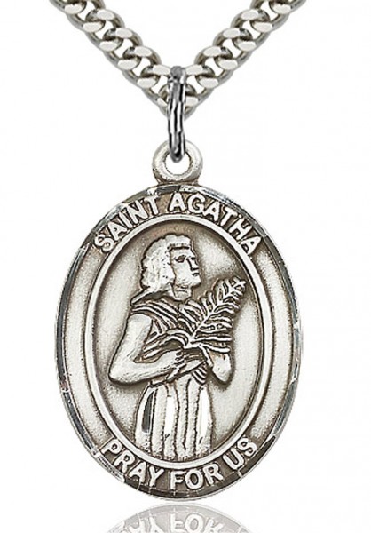 Men's Sterling Silver Saint Agatha Oval Medal - 24&quot; 2.4mm Rhodium Plate Endless Chain