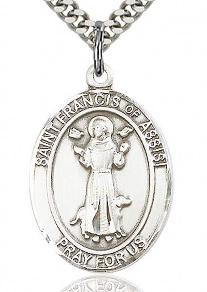 Men's Sterling Silver Saint Francis of Assisi Medal - 24&quot; 2.2mm Sterling Silver Chain + Clasp