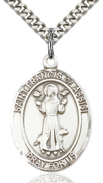 Men's Sterling Silver Saint Francis of Assisi Medal - 24&quot; 2.4mm Rhodium Plate Endless Chain