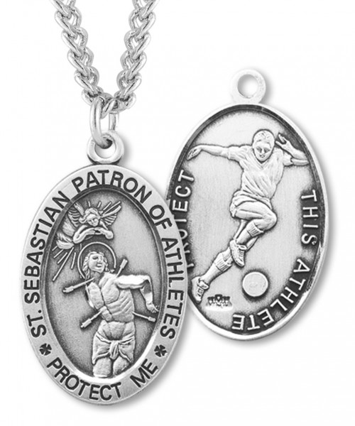 Men's Sterling Silver Saint Sebastian Soccer Oval Necklace - 24&quot; 3mm Stainless Steel Chain + Clasp