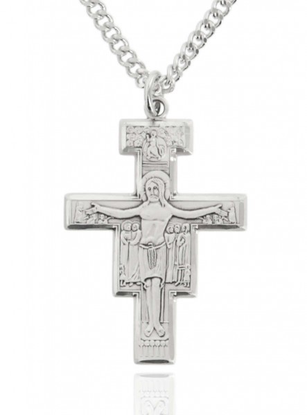 Men's Sterling Silver San Damiano Crucifix - 24&quot; 2.4mm Rhodium Plate Chain + Clasp