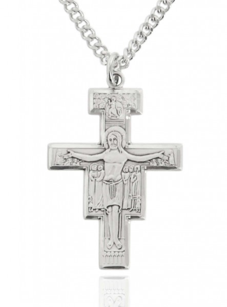 Men's Sterling Silver San Damiano Crucifix - 20&quot; 2.25mm Rhodium Plated Chain with Clasp