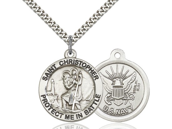 Men's Sterling Silver St Christopher Navy Pendant - 24&quot; 2.4mm Rhodium Plate Endless Chain