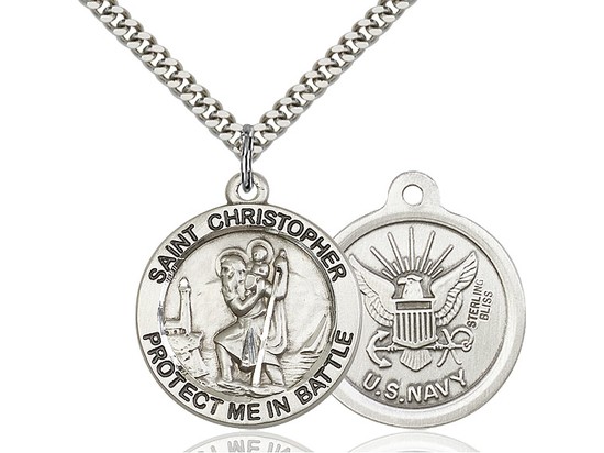 Men's Sterling Silver St Christopher Navy Pendant - 24&quot; 2.4mm Rhodium Plate Chain + Clasp