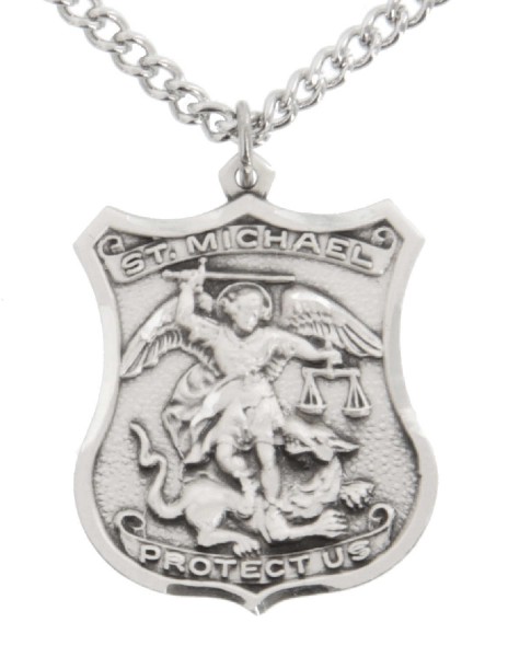 Men's Sterling Silver St Michael Medal - 24&quot; Stainless Steel Chain + Clasp