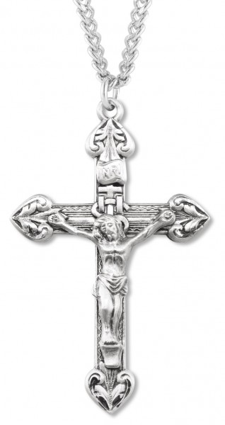 Men's Textured Heart Tip Crucifix Necklace, Sterling Silver with Chain Options - 24&quot; 3mm Stainless Steel Endless Chain