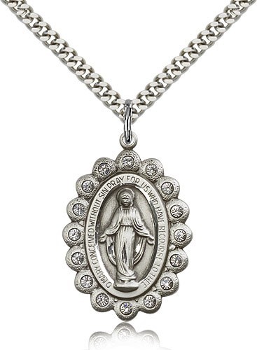 Miraculous Medal, Sterling Silver - 24&quot; 2.4mm Rhodium Plate Chain + Clasp