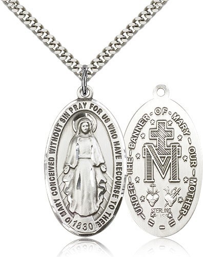 Miraculous Medal, Sterling Silver - 24&quot; Sterling Silver Chain + Clasp