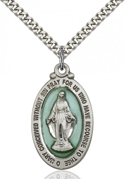 Miraculous Medal, Sterling Silver - 24&quot; 2.2mm Sterling Silver Chain + Clasp
