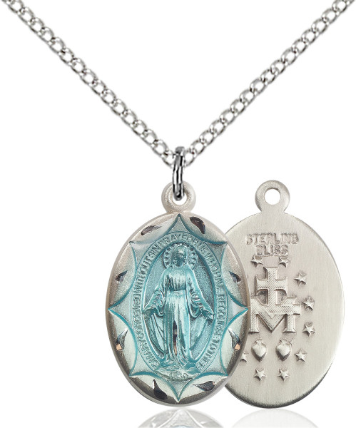 Miraculous Medal, Sterling Silver - 18&quot; 1.2mm Sterling Silver Chain + Clasp