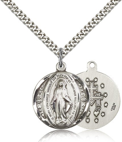 Miraculous Medal, Sterling Silver - 24&quot; 2.4mm Rhodium Plate Chain + Clasp