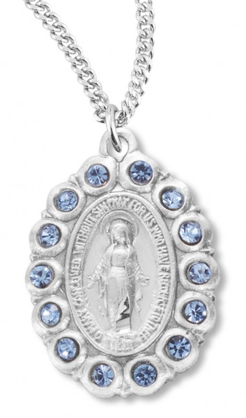 Women's Miraculous Necklace Oval with Blue Colored Stones Sterling Silver with Chain Options - 18&quot; 1.8mm Sterling Silver Chain + Clasp