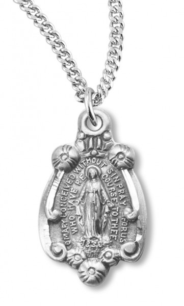 Petite Women's Sterling Silver Miraculous Medal Floral Point  Necklace with Chain Options - 18&quot; 1.8mm Sterling Silver Chain + Clasp