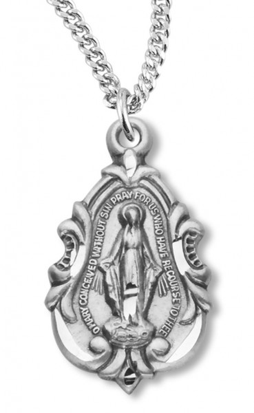 Sterling Silver Fleur de Lys Teardrop Miraculous Pendant - 18&quot; 2.2mm Stainless Steel Chain + Clasp