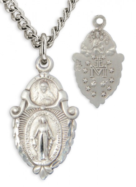 Women's Sterling Silved Sacred Heart &amp; Miraculous Pendant with Chain Options - 18&quot; 1.8mm Sterling Silver Chain + Clasp