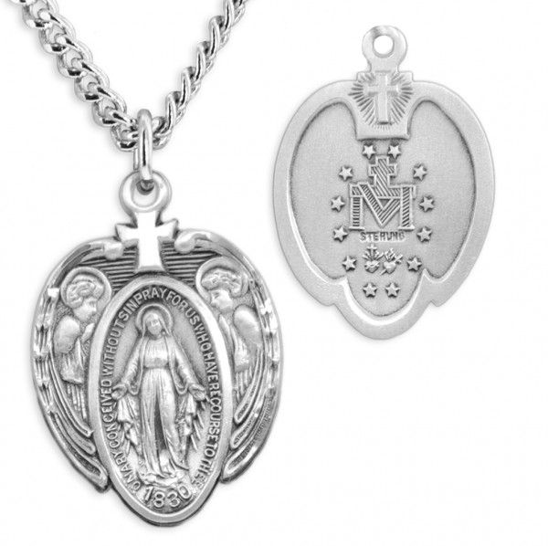 Men's Sterling Silver Miraculous Heart Necklace with Angel Wings and Cross with Chain Options - 24&quot; 2.4mm Rhodium Plate Chain + Clasp