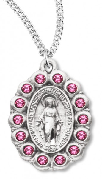 Women's Miraculous Necklace with Pink Stones Oval Sterling Silver with Chain Options - 18&quot; 1.8mm Sterling Silver Chain + Clasp