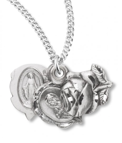 Miraculous Necklace with Triple Slide Rose, Sterling Silver with Chain - 18&quot; 2.2mm Stainless Steel Chain + Clasp