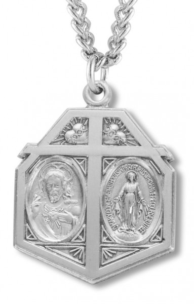 Men's Sterling Silver Miraculous and Sacred Heart Necklace with Chain Options - 24&quot; 3mm Stainless Steel Chain + Clasp