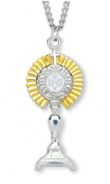 Monstrance Necklace with Goldtone Inlay, Sterling Silver with Chain - Sterling Silver