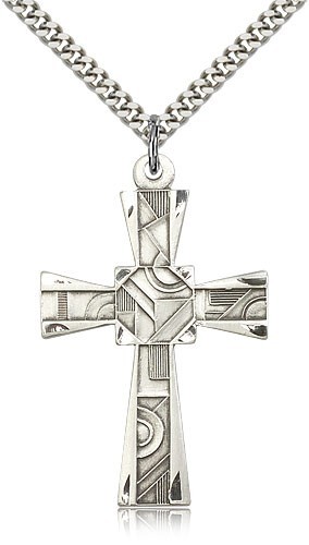 Mosaic Cross Pendant, Sterling Silver - 24&quot; 2.4mm Rhodium Plate Chain + Clasp
