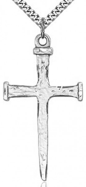 Large Nail Cross Pendant, Sterling Silver - 24&quot; 2.4mm Rhodium Plate Chain + Clasp