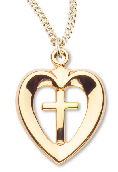 Women's 14kt Gold Plated Cut-out Heart Shape with Cross Center Necklace+ 18 Inch Gold Plated Chain &amp; Clasp - Gold-tone