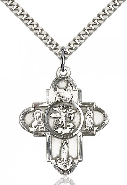 Our Lady 5 Way Cross Pendant, Sterling Silver - 24&quot; 2.2mm Sterling Silver Chain + Clasp