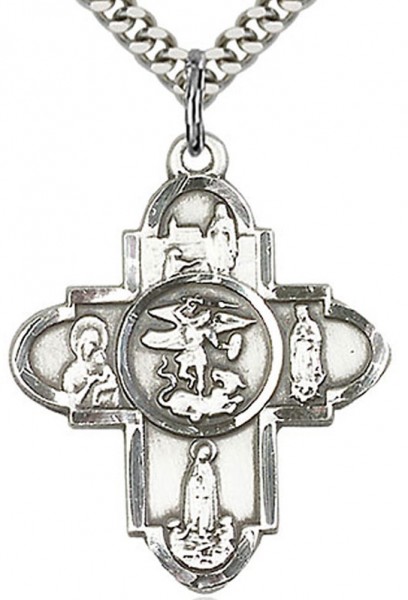 Our Lady 5 Way Cross Pendant, Sterling Silver - 24&quot; 2.4mm Rhodium Plate Endless Chain