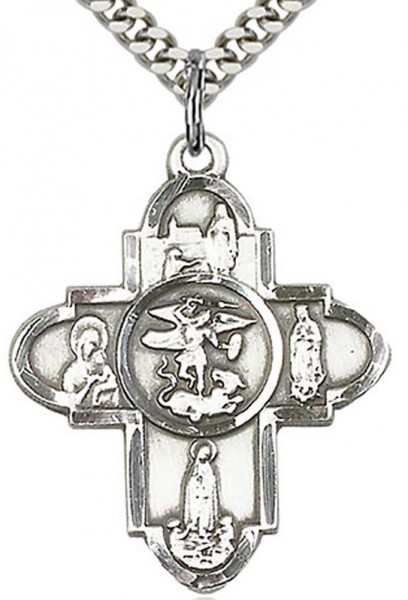 Our Lady 5 Way Cross Pendant, Sterling Silver - 24&quot; 2.4mm Rhodium Plate Chain + Clasp