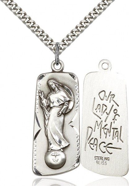Our Lady of Mental Peace Medal, Sterling Silver - 24&quot; 2.2mm Sterling Silver Chain + Clasp