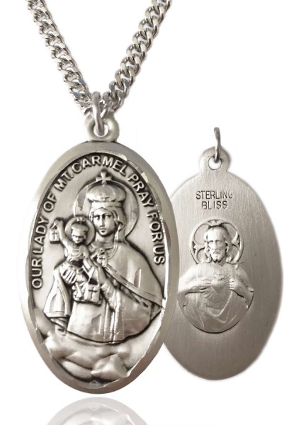 Our Lady of Mount Carmel Medal, Sterling Silver - 24&quot; 2.2mm Sterling Silver Chain + Clasp