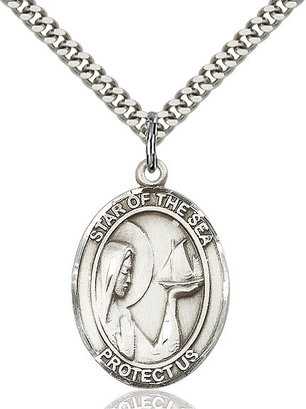 Our Lady Star of the Sea Medal, Sterling Silver, Large - 24&quot; 2.2mm Sterling Silver Chain + Clasp