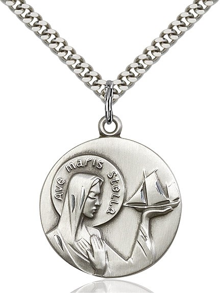 Our Lady Star of the Sea Medal, Sterling Silver - 24&quot; 2.2mm Sterling Silver Chain + Clasp